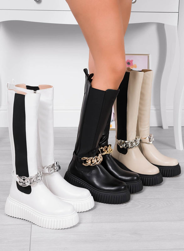 LARA - Botas beige alexoo con elatisco negro y cadena extraible