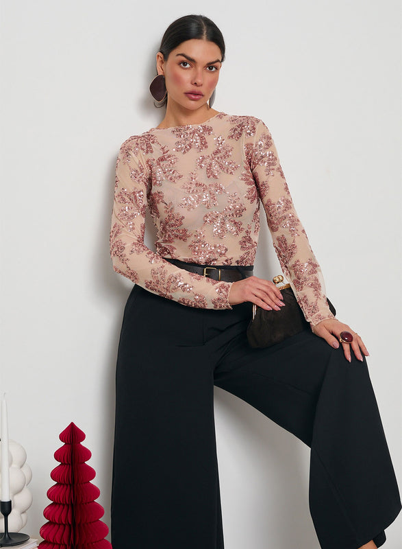 Body nude transparent avec détails en paillettes