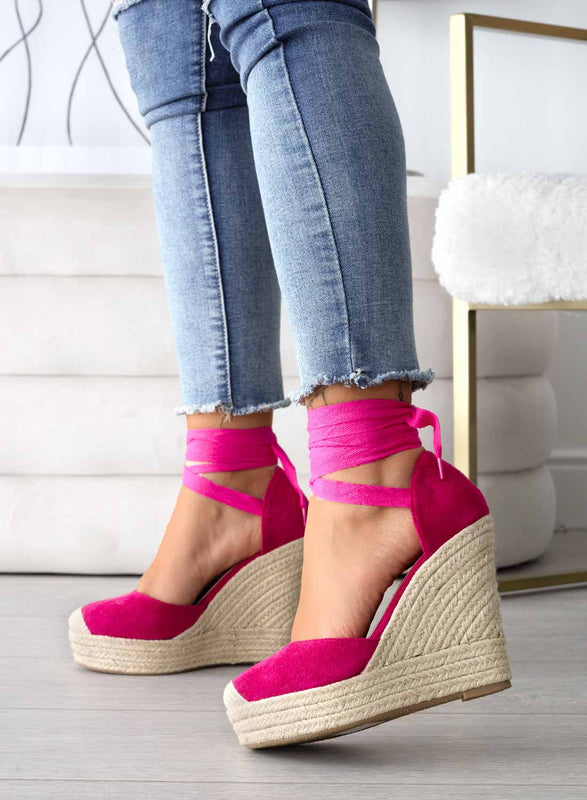 AMBRA - Alpargatas fucsia con cuerda y cuña de cordones