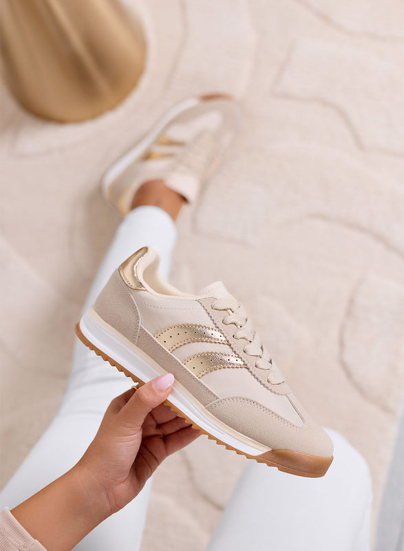 PIERA - Beige fabric sneakers with gold details and rubber sole
