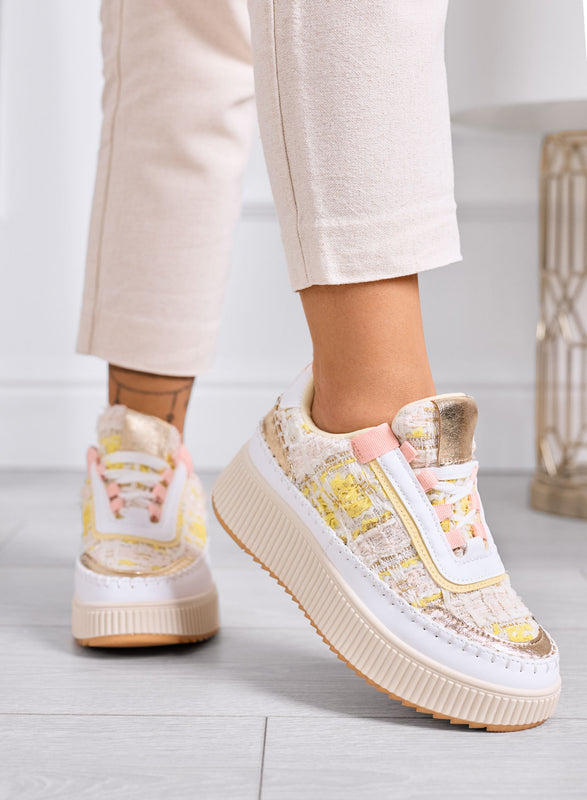 DAFNE - Zapatillas beige con plataforma en tweed amarillo y detalles dorados