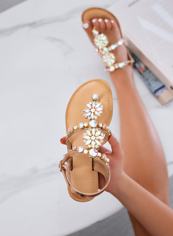 GIULY - Flat rose gold sandals with iridescent gemstone embellishments