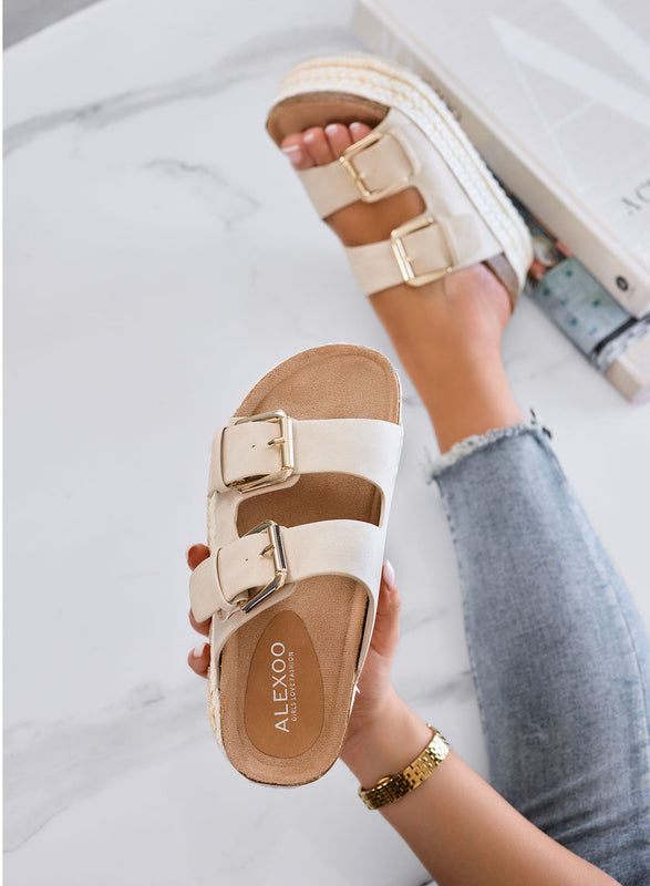 DANIEL - Sandalias beige tipo chancla con plataforma, doble hebilla y suela de cuerda
