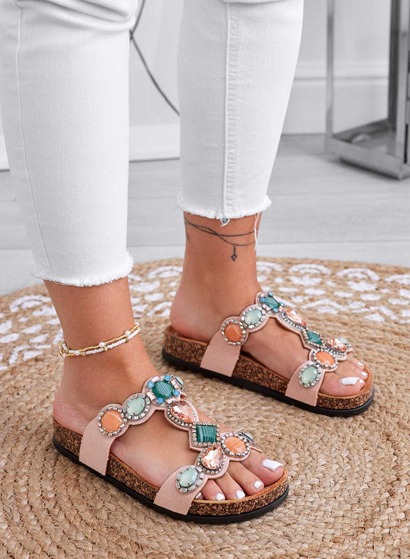 GIOIA - Flat pink slide sandals with multicolor stones