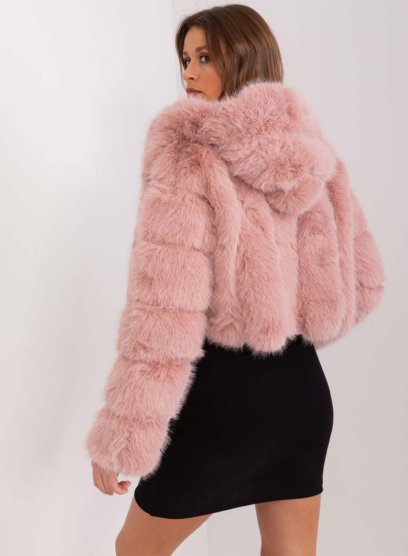 Chaqueta corta de piel sintética con capucha de pelo largo rosa