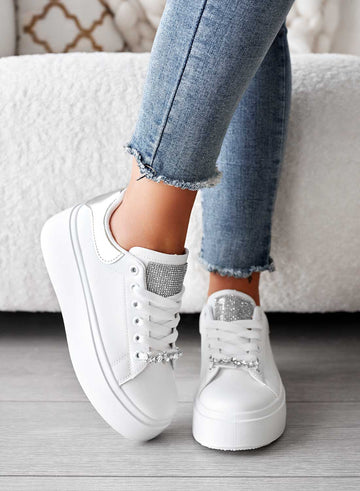 DELIA - White sneakers with jewel embellishment and silver heel