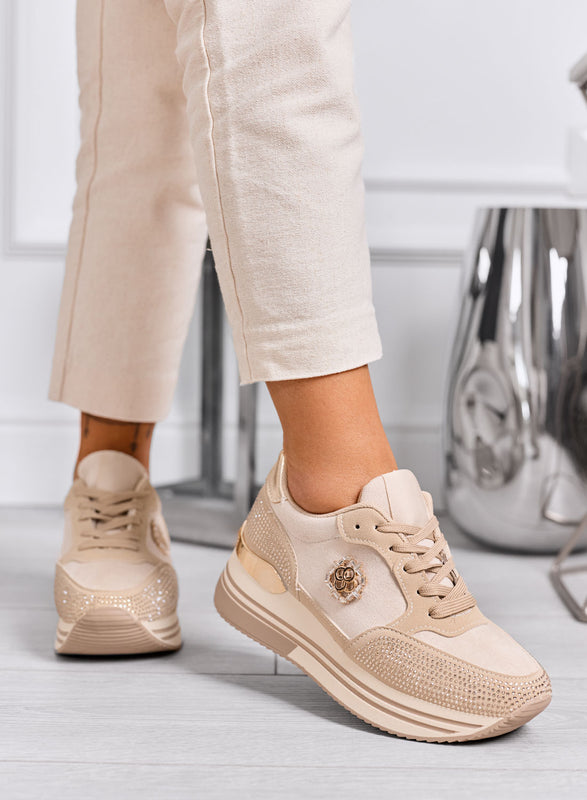 XIOMARA - Sneakers beige platform con inserti oro e strass