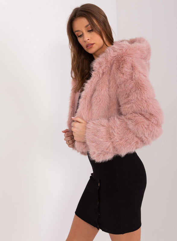 Chaqueta corta de eco-pelusa con capucha de pelo largo rosa