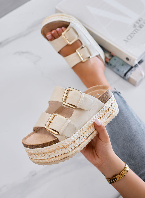 DANIEL - Sandalias beige tipo chancla con plataforma, doble hebilla y suela de cuerda