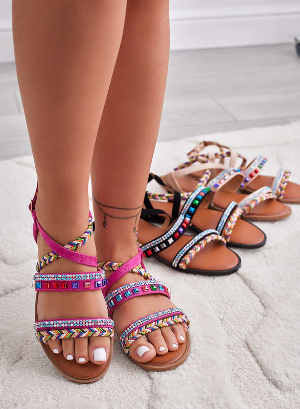 HENRY - Sandalias fucsia bajas con strass y tachuelas multicolor