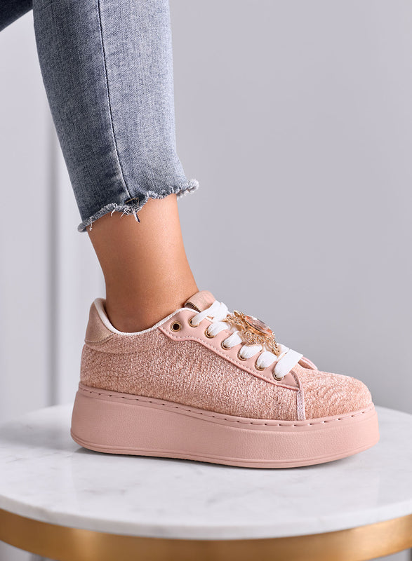 NINFA - Sneakers rosa platform in tessuto laminato e applicazione gioiello