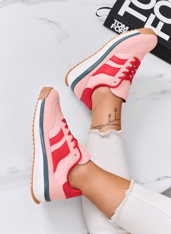 BIELLA - Zapatillas rosas de tela con detalles rojos y suela de goma
