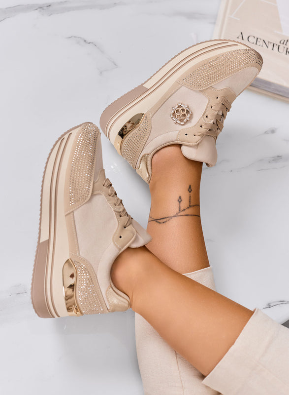 XIOMARA - Sneakers beige platform con inserti oro e strass