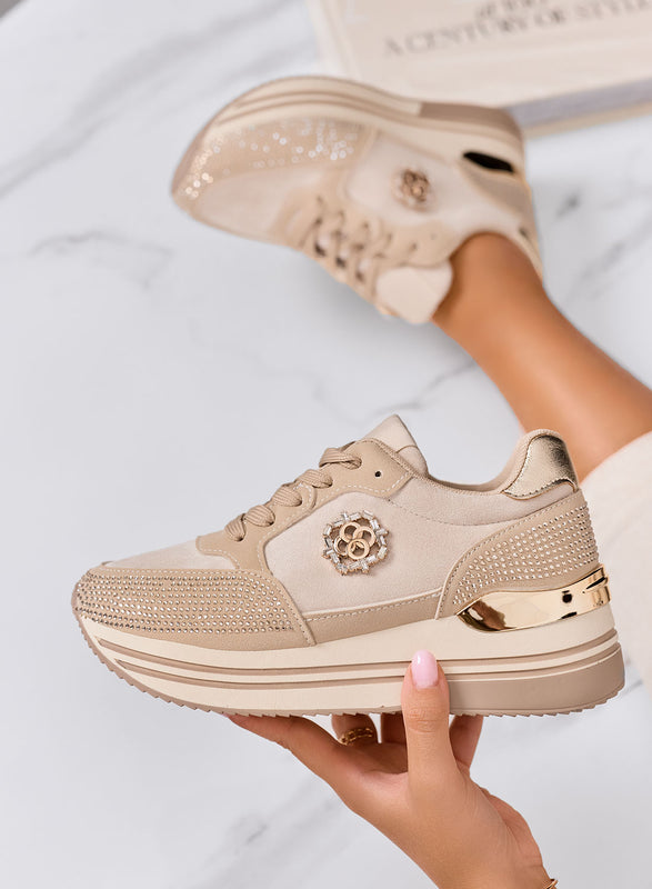 XIOMARA - Sneakers beige platform con inserti oro e strass