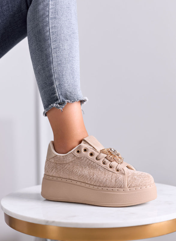 NINFA - Sneakers beige platform in tessuto laminato e applicazione gioiello