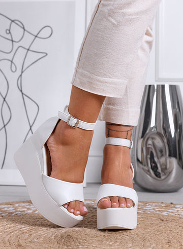 PENNY - White platform sandals with ankle strap