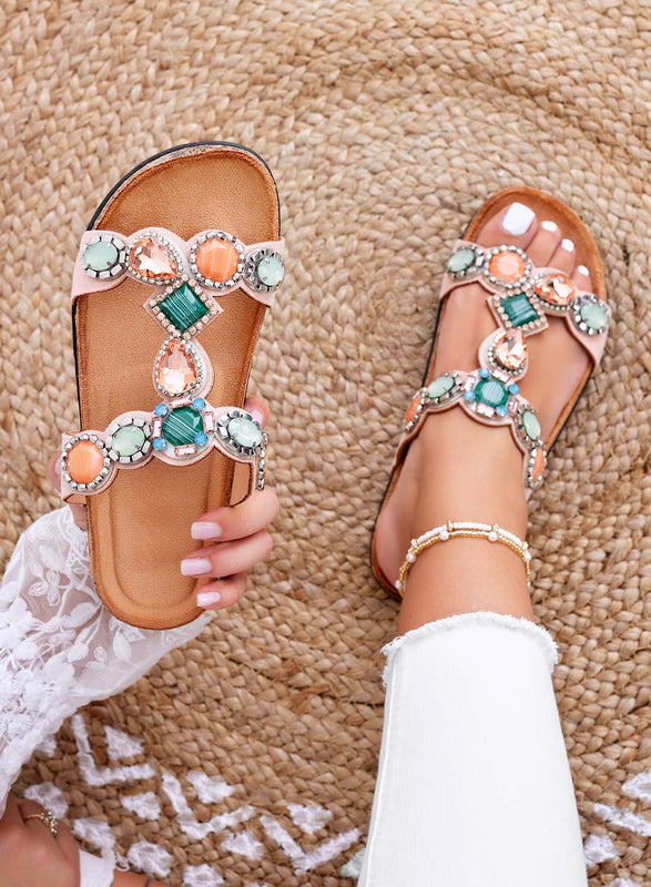 GIOIA - Flat pink slide sandals with multicolor stones