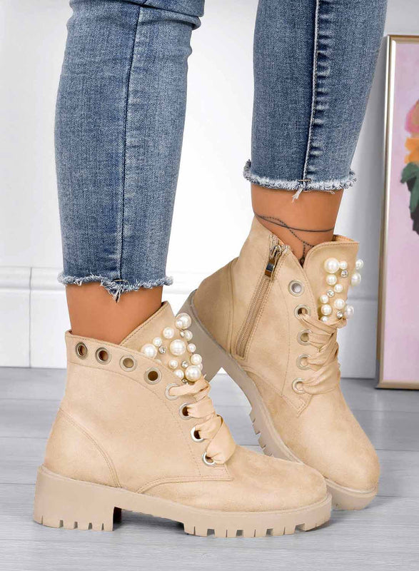 LEANNA - Botines Alexoo beige planos con perlas y pedrería