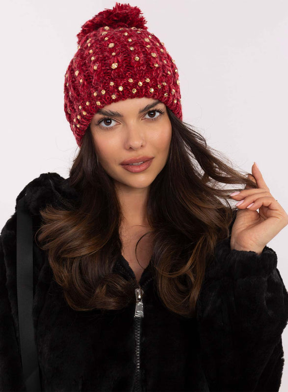 Gorro rojo acolchado con strass y pompón