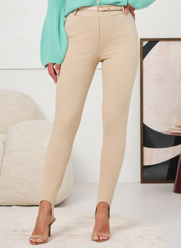Beige High-Waisted Stirrup Pants with Belt