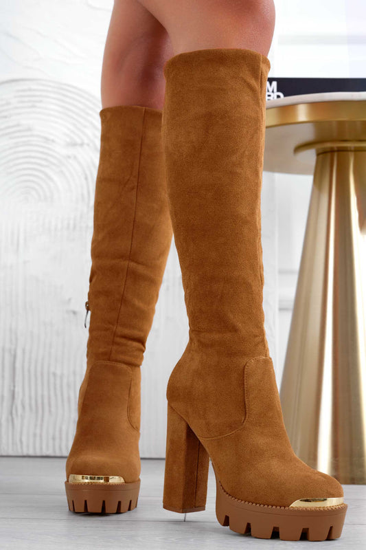 JOSEPH - Bottes camel en daim avec revers