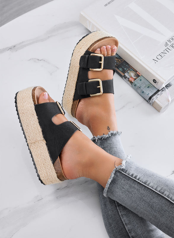 DANIEL - Sandalias negras tipo chancla con plataforma, doble hebilla y suela de cuerda