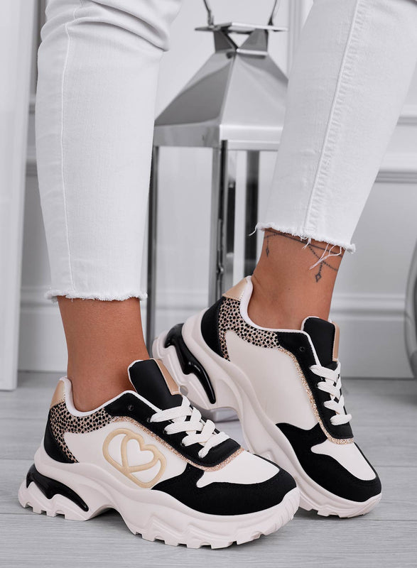 BORA - Baskets noires avec cœur et inserts dorés