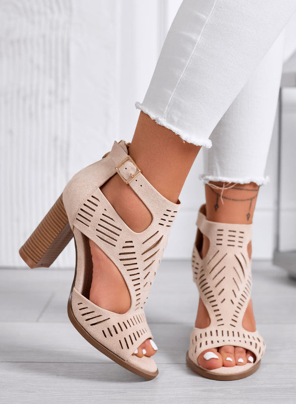 MILLER - Sandalias beige Perforadas con Tacón Largo Efecto Madera
