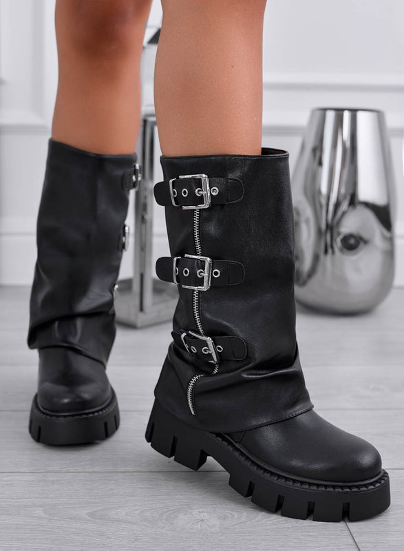 YVONNE - Botas biker negras con hebillas y cremallera lateral