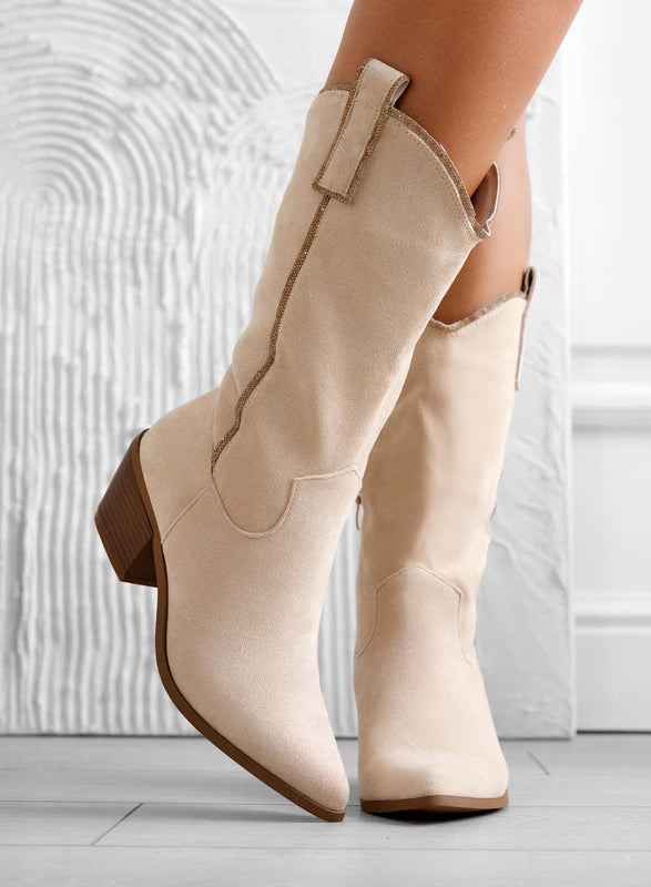 PRISMA - Beige camper ankle boots with rhinestone edges