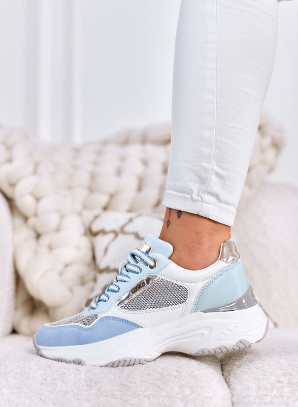 FELICIA - Blue Sneakers with Woven Fabric Inserts and Chunky Sole