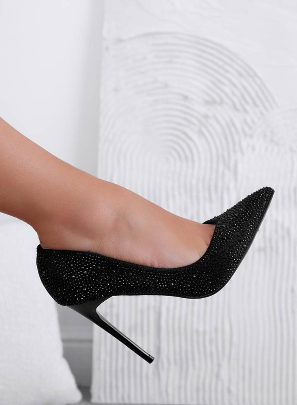 BLANCA - Escarpins noirs ornés de bijoux à talon haut aiguille