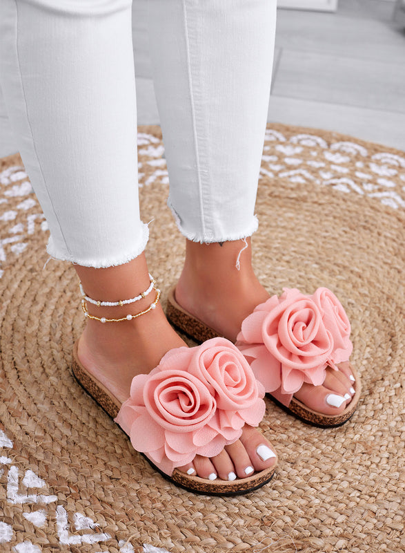 SUMMER - Sandalias rosas tipo chancla con flores aplicadas