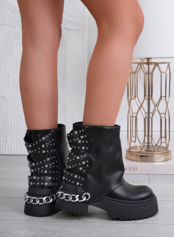 PEREZ - Botas biker negras con tachuelas y cadenas