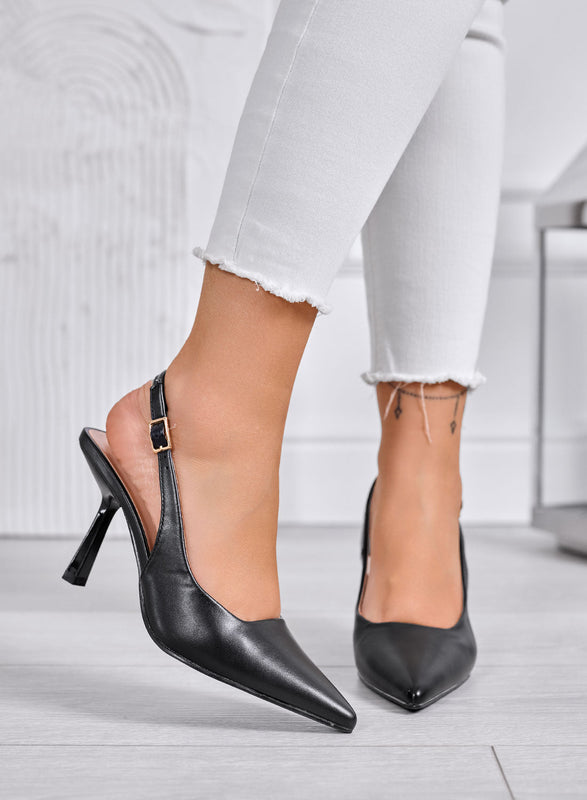 DORIE - Décolleté negras slingback de punta con tacón de aguja de 10 cm