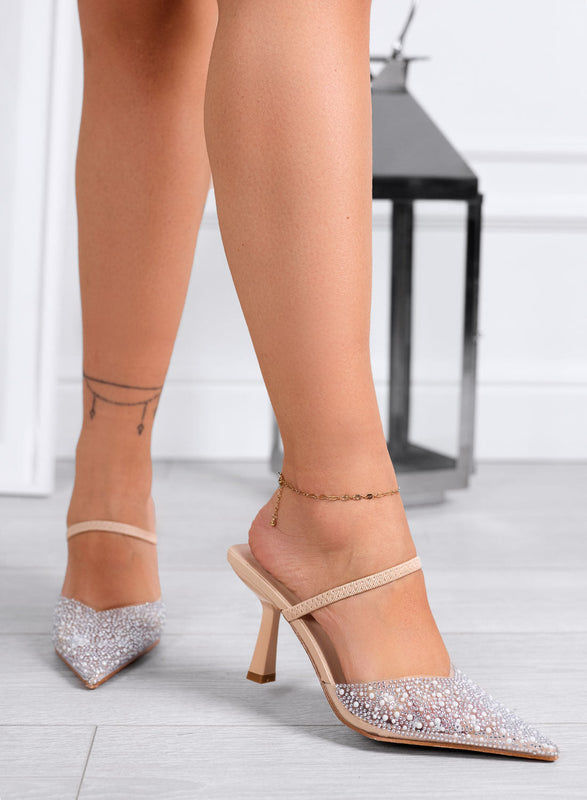 MILVA - Mules elegantes en punta con cristales y tacón estilizado de 8,5 cm