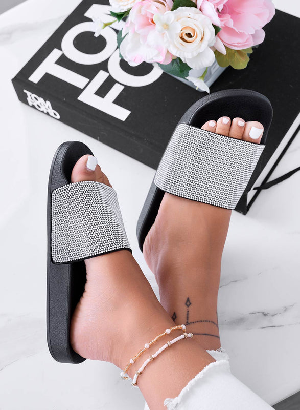 BECKY - Black slide sandals with rhinestone strap