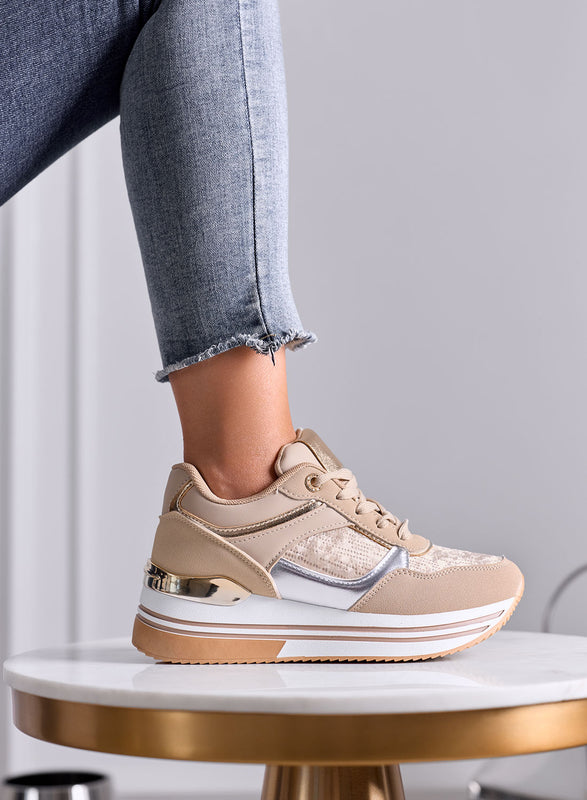 ROSSANA - Sneakers Beige con zeppa e Inserti Laminati
