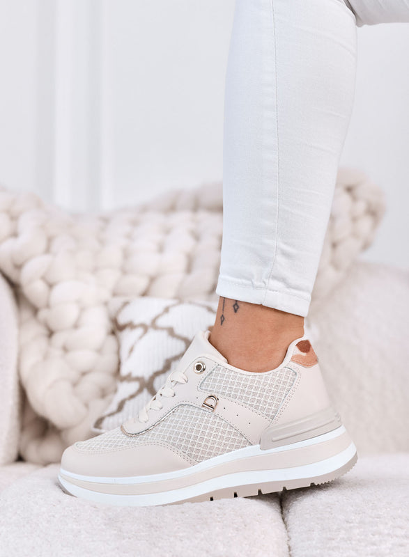 AGATA - Sneakers Platform Beige con Dettagli in Tessuto laminato
