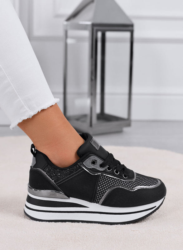 VALDA - Zapatillas negras con suela gruesa e inserciones de glitter