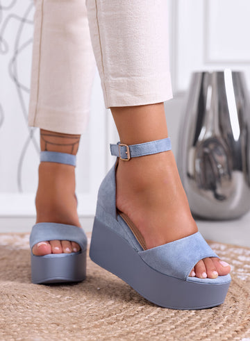 PENNY - Blue suede platform sandals with ankle strap