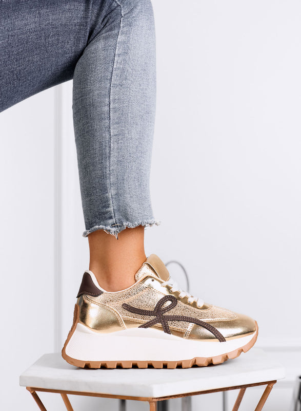 YONA - Gold sneakers with brown details and thick sole