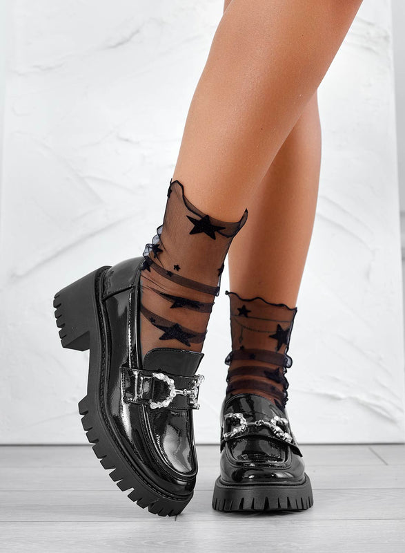 SARA - Black patent loafers with jewel embellishment