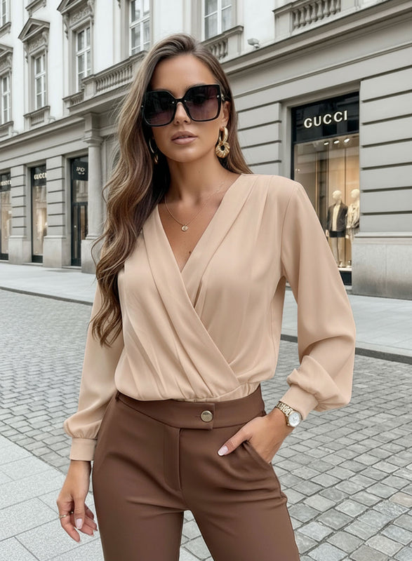 Beige bodysuit shirt with V-neck