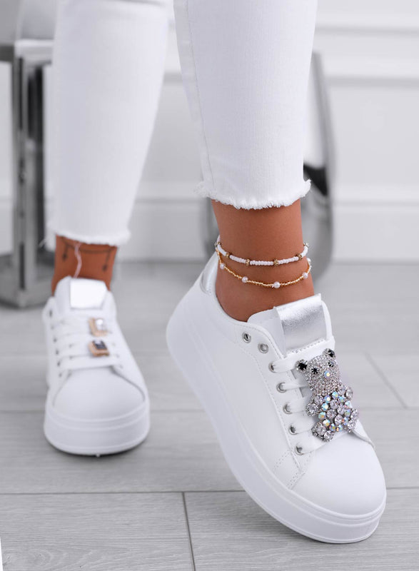 TANIA - Zapatillas blancas con aplique de teddy joya plateado