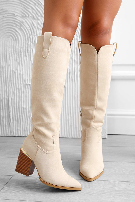 Bottes beiges en daim avec talon effet bois