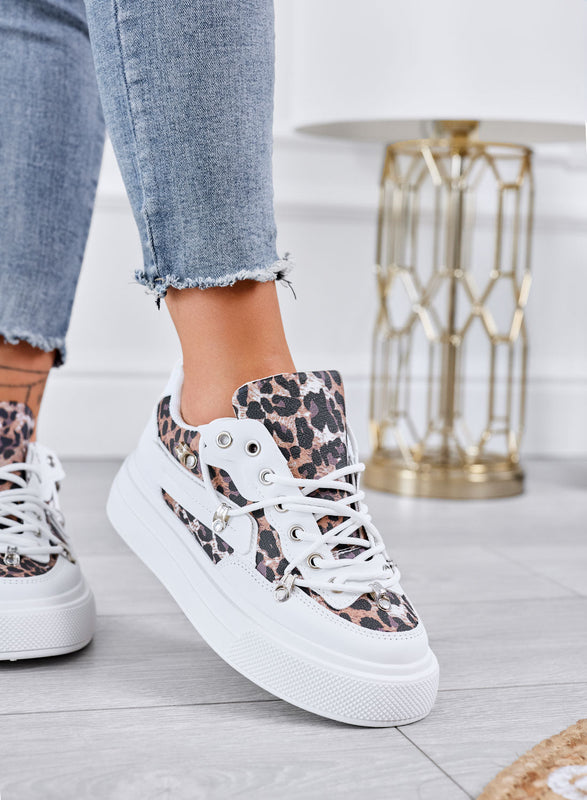 LESTER - Zapatillas blancas platform con detalles animal print de leopardo