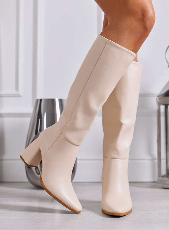 CINDY - Stivali Donna Beige al Ginocchio con Tacco Largo