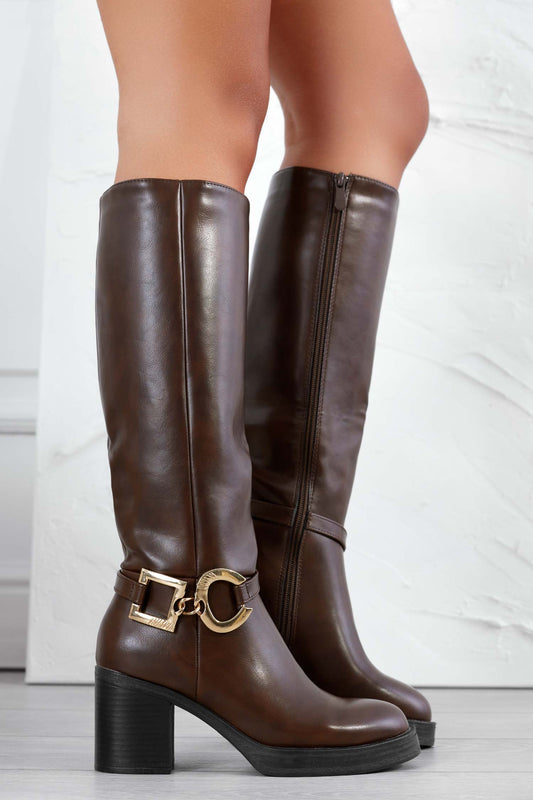 Brown boots with gold embellishments