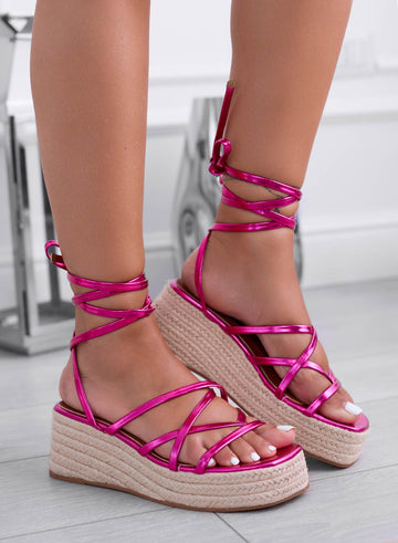 HOT SUN - Fuchsia metallic lace-up platform espadrille sandals Alexoo